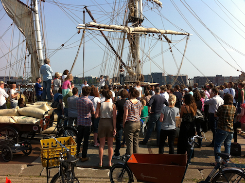 Tres Hombres unloads chocolate and cacao for bike carts, Amsterdam June 2013. Photo by J Lundberg