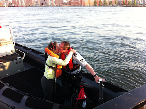 Customs officers meeting one of our crew and giving her a speedboat joyride