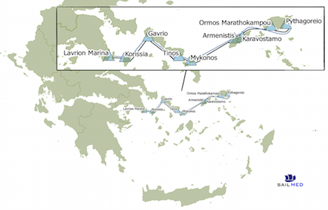 Aegean Cargo Sailing route. Lowest island Crete; far left top Corfu