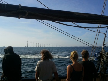 Approaching Copenhagen.  Beyond windmills is Europe's longest bridge, to Sweden